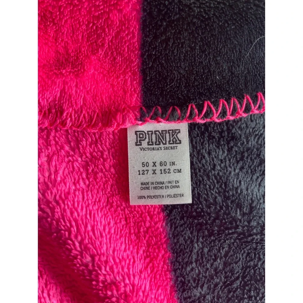 Victoria's Secret PINK Fleece Throw Blanket Neon Pink Black White Striped 50x60